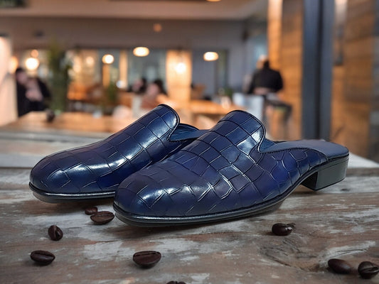 BLUE CROC TEXTURED HANDMADE SLIP-ON MULES