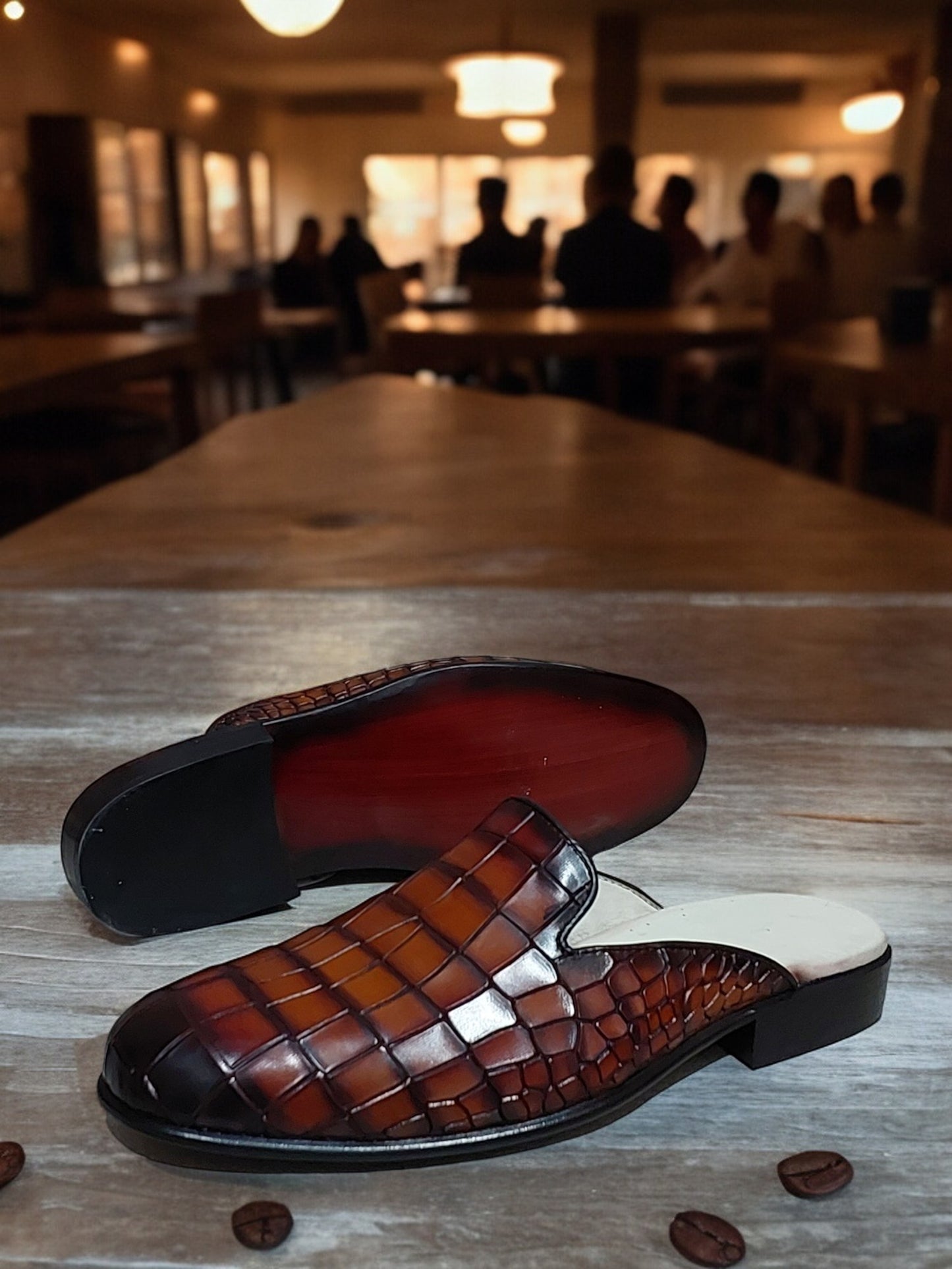 BROWN CROC TEXTURED HANDMADE SLIP-ON MULES