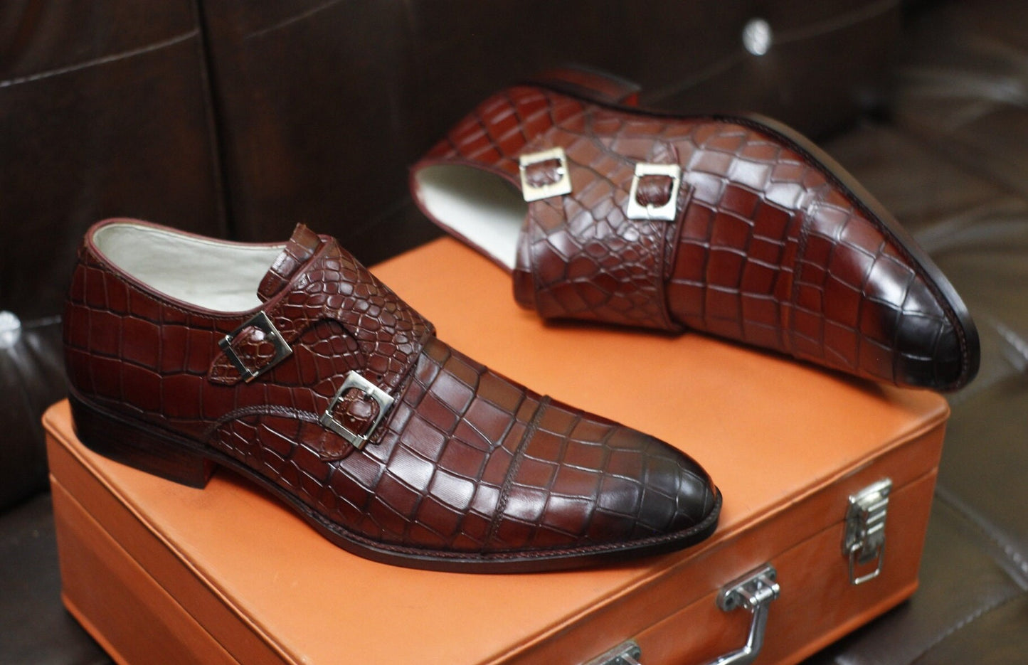 New Men's Handmade Formal Shoes Burgundy Crocodile Textured Leather Double Monk Stylish Dress & Casual Wear Shoes