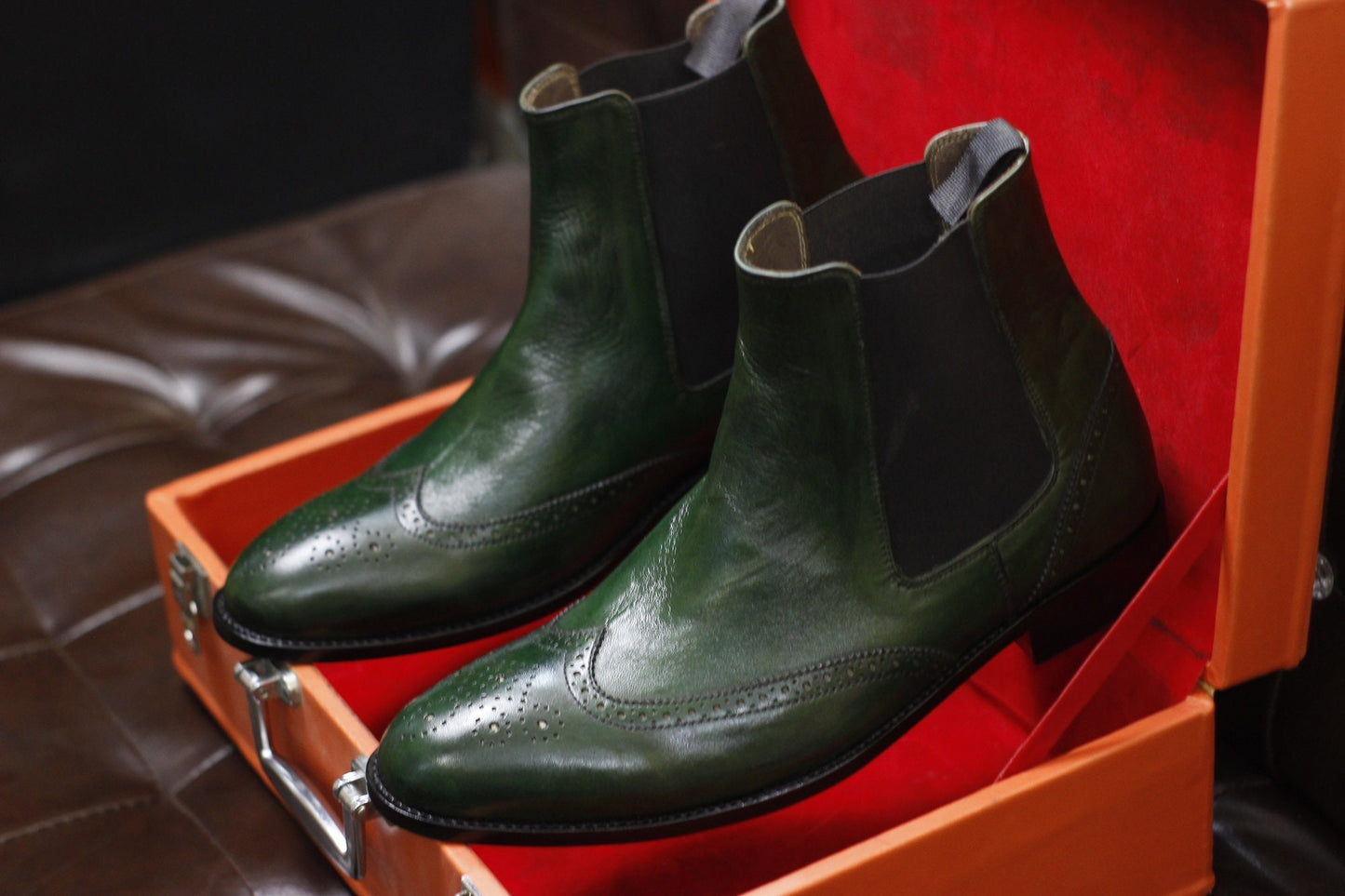 New Men's Handmade Formal Shoes Green Leather Pull On Ankle High Wing Tip Chelsea Boots