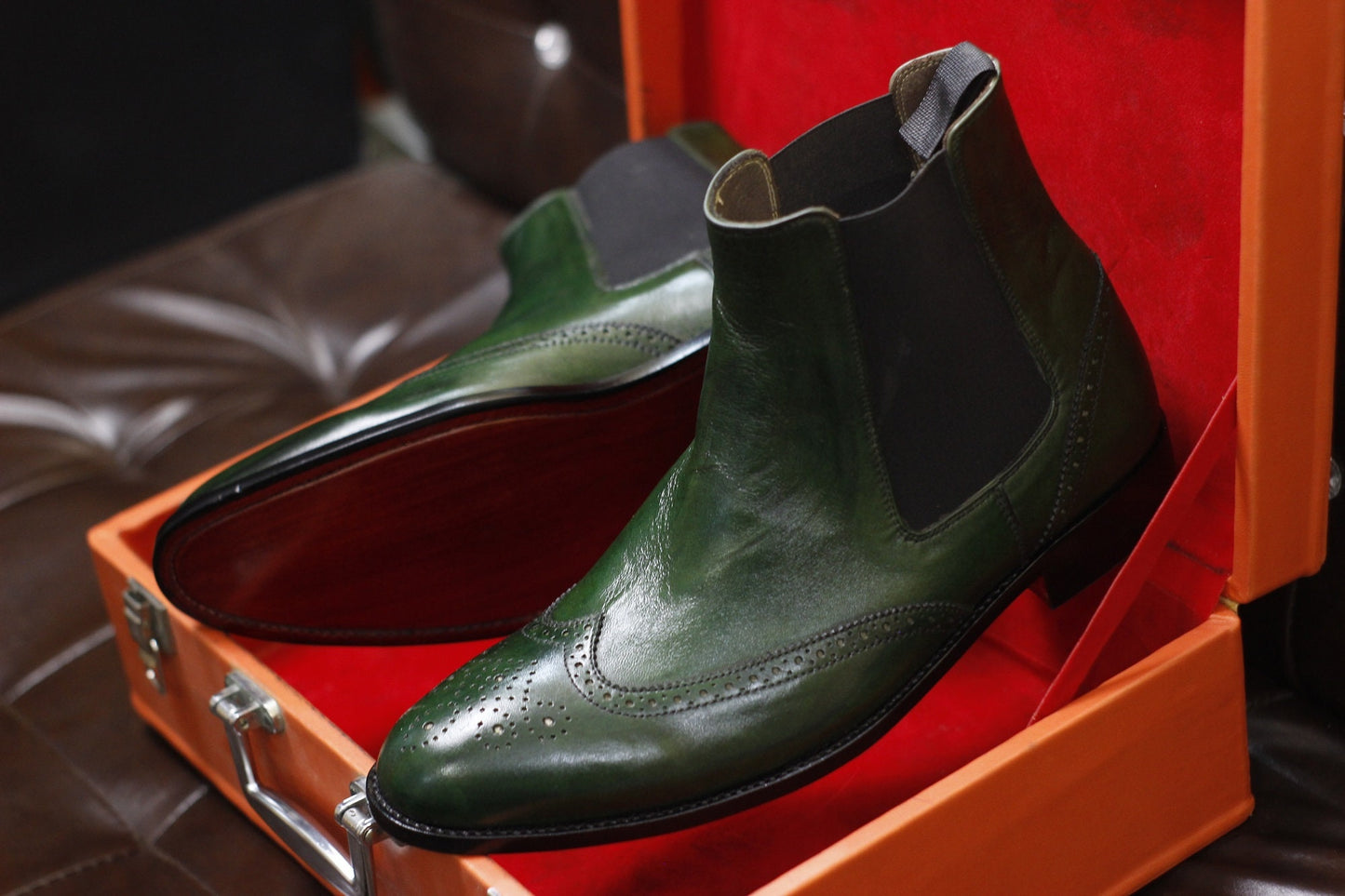 New Men's Handmade Formal Shoes Green Leather Pull On Ankle High Wing Tip Chelsea Boots