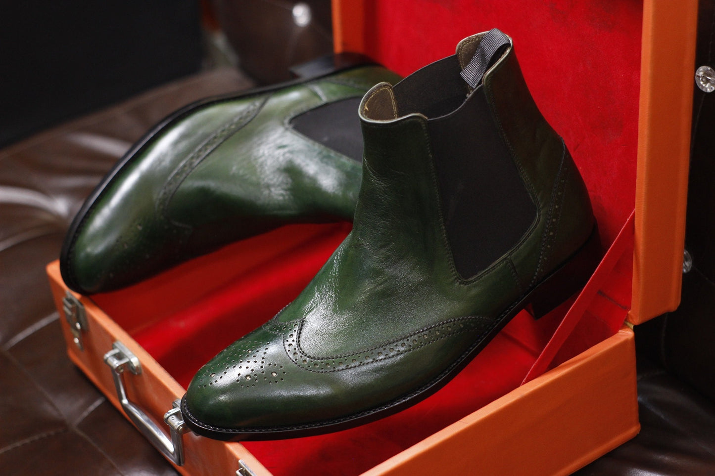 New Men's Handmade Formal Shoes Green Leather Pull On Ankle High Wing Tip Chelsea Boots