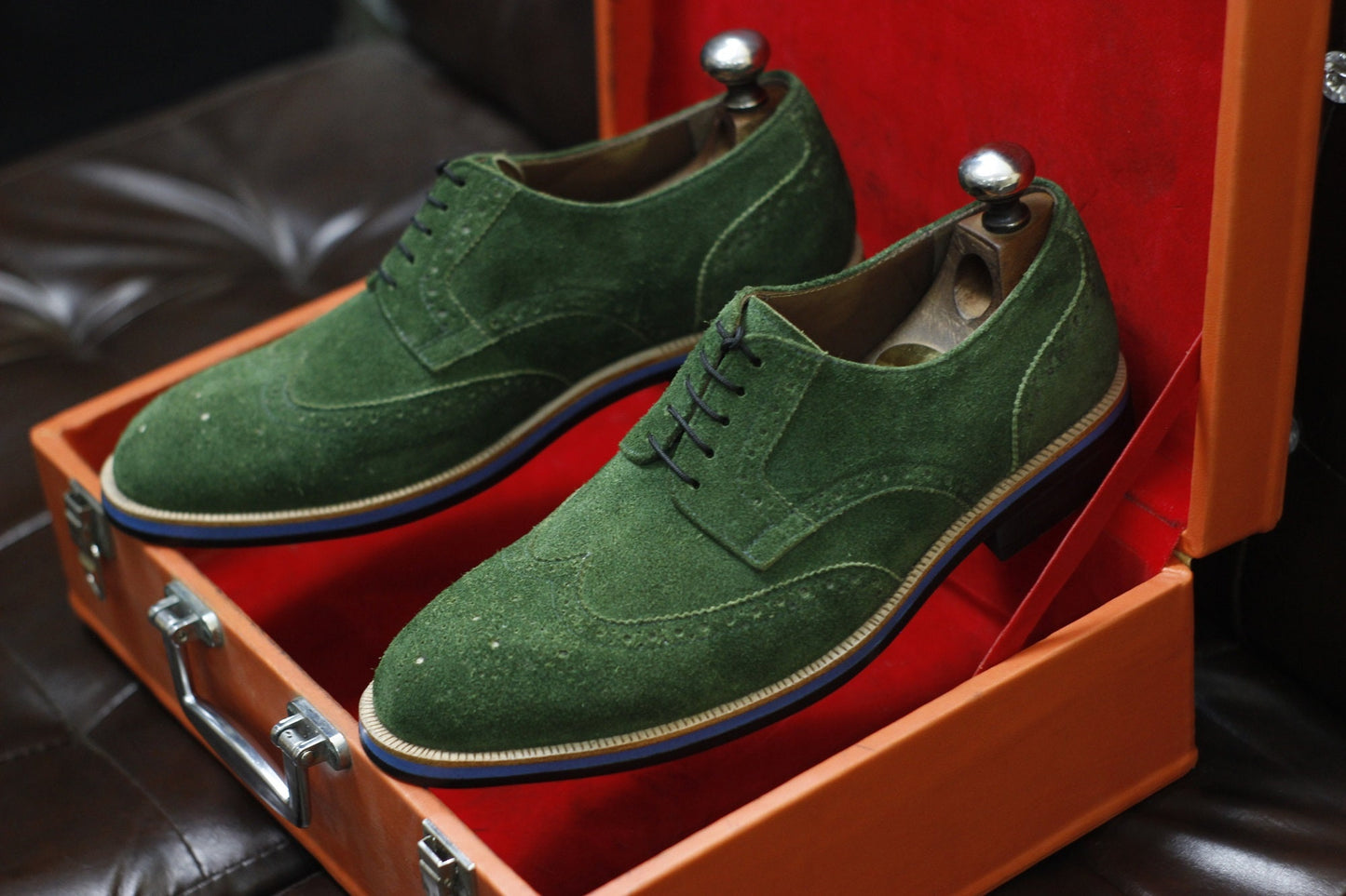 New Men's Handmade Formal Shoes Green Suede Leather Lace Up Stylish Wing Tip Dress & Casual Wear Shoes