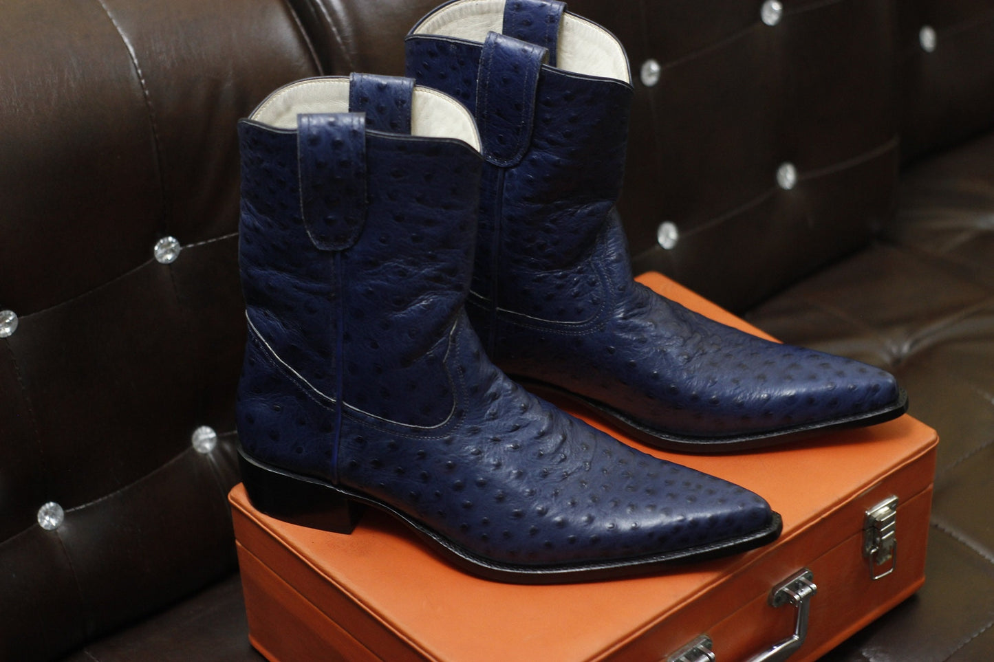 New Men's Handmade Formal Shoes Blue Ostrich Textured Leather Pull On Ankle High Cowboy Boots