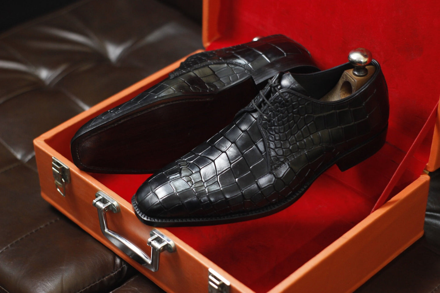 New Men's Handmade Formal Shoes Black Crocodile Textured Leather Lace Up Stylish Dress & Casual Wear Shoes