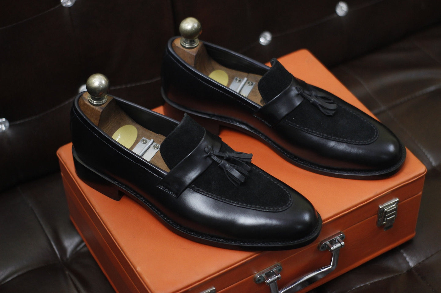 New Men's Handmade Formal Shoes Black Leather And Suede Slip On Stylish Loafer Teasels Dress & Formal Wear Shoes