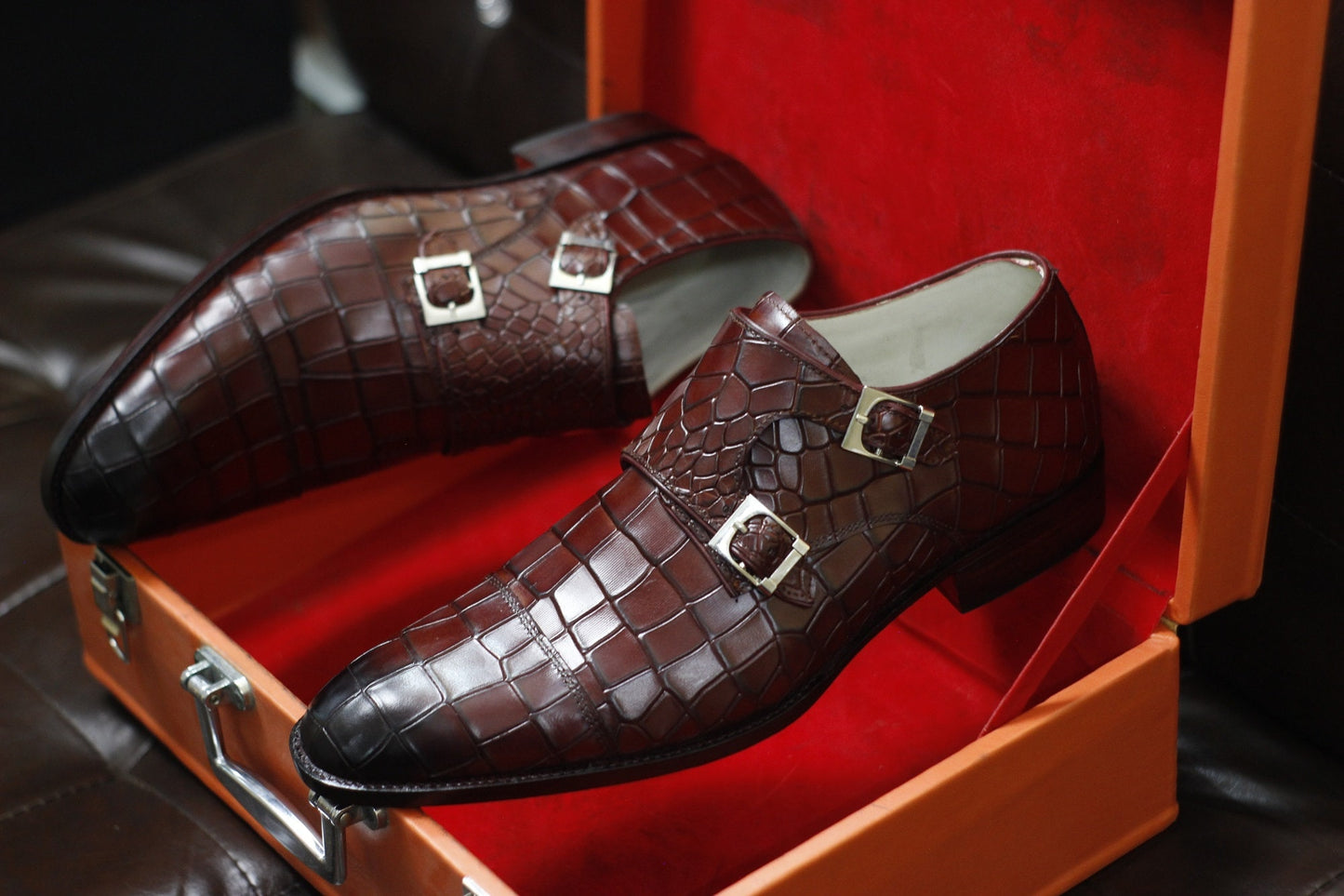 New Men's Handmade Formal Shoes Burgundy Crocodile Textured Leather Double Monk Stylish Dress & Casual Wear Shoes