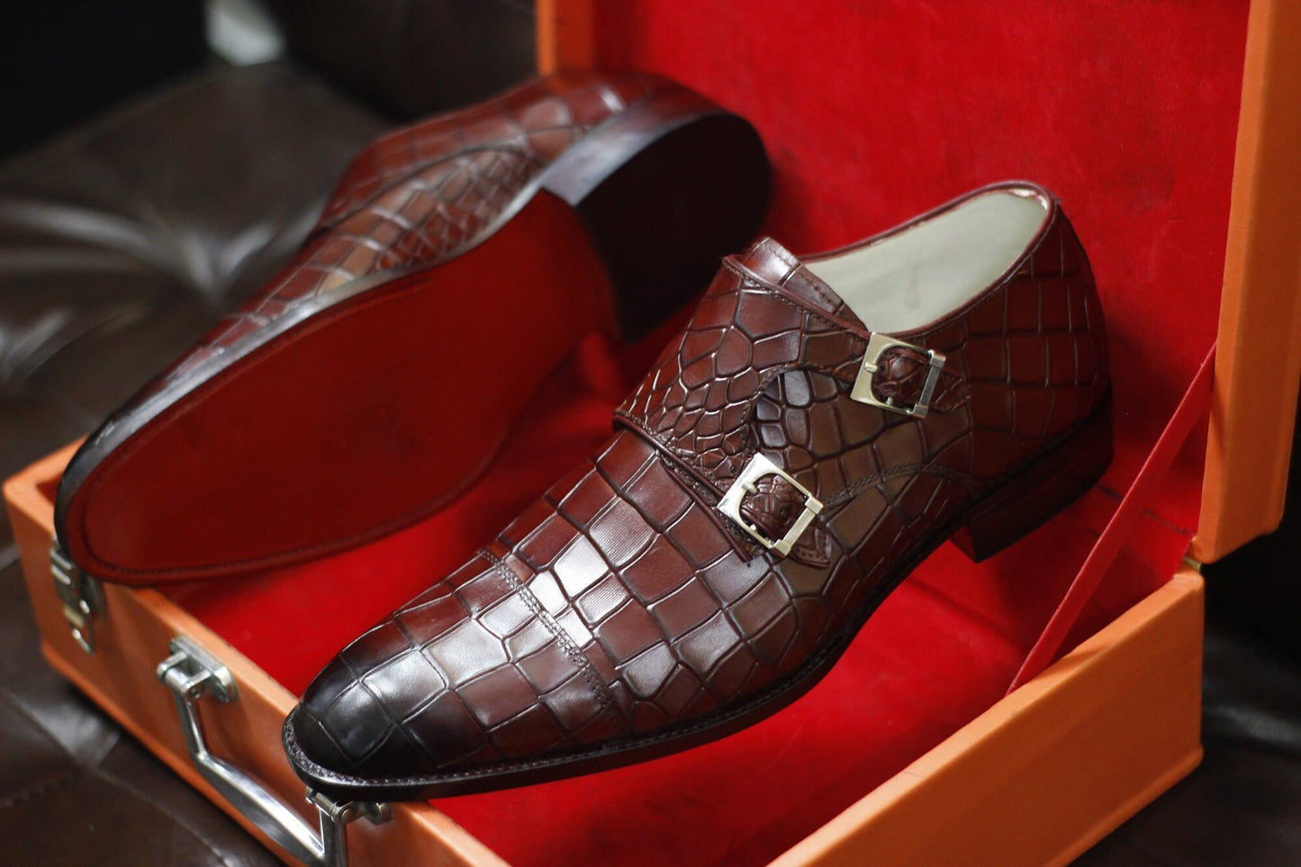 New Men's Handmade Formal Shoes Burgundy Crocodile Textured Leather Double Monk Stylish Dress & Casual Wear Shoes