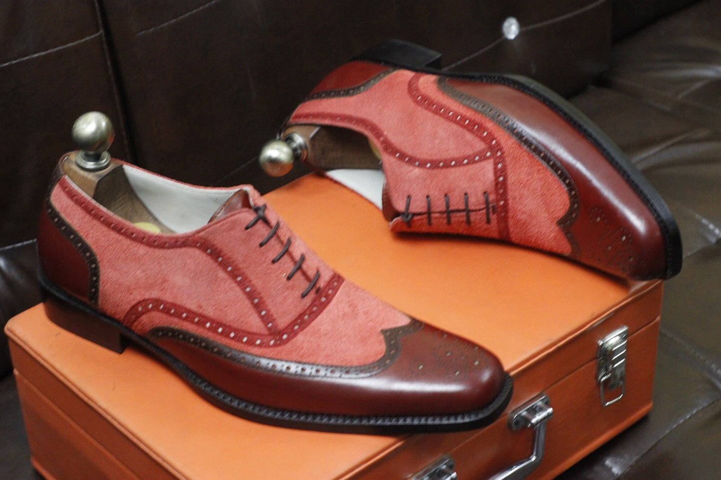 New Men's Handmade Formal Shoes Burgundy Leather, Redish Suede Lace Up Stylish Wing Tip Dress & Formal Wear Shoes