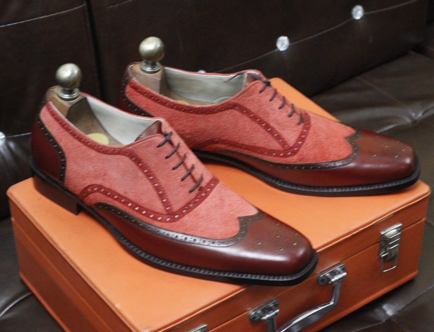 New Men's Handmade Formal Shoes Burgundy Leather, Redish Suede Lace Up Stylish Wing Tip Dress & Formal Wear Shoes