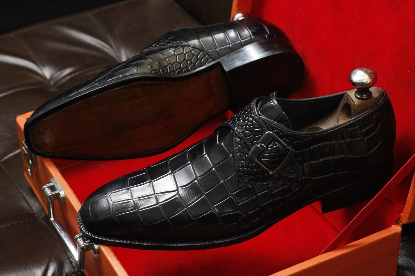 New Men's Handmade Buckle Shoes Black Crocodile Textured Leather Single Monk Stylish Dress & Formal Wear Shoes