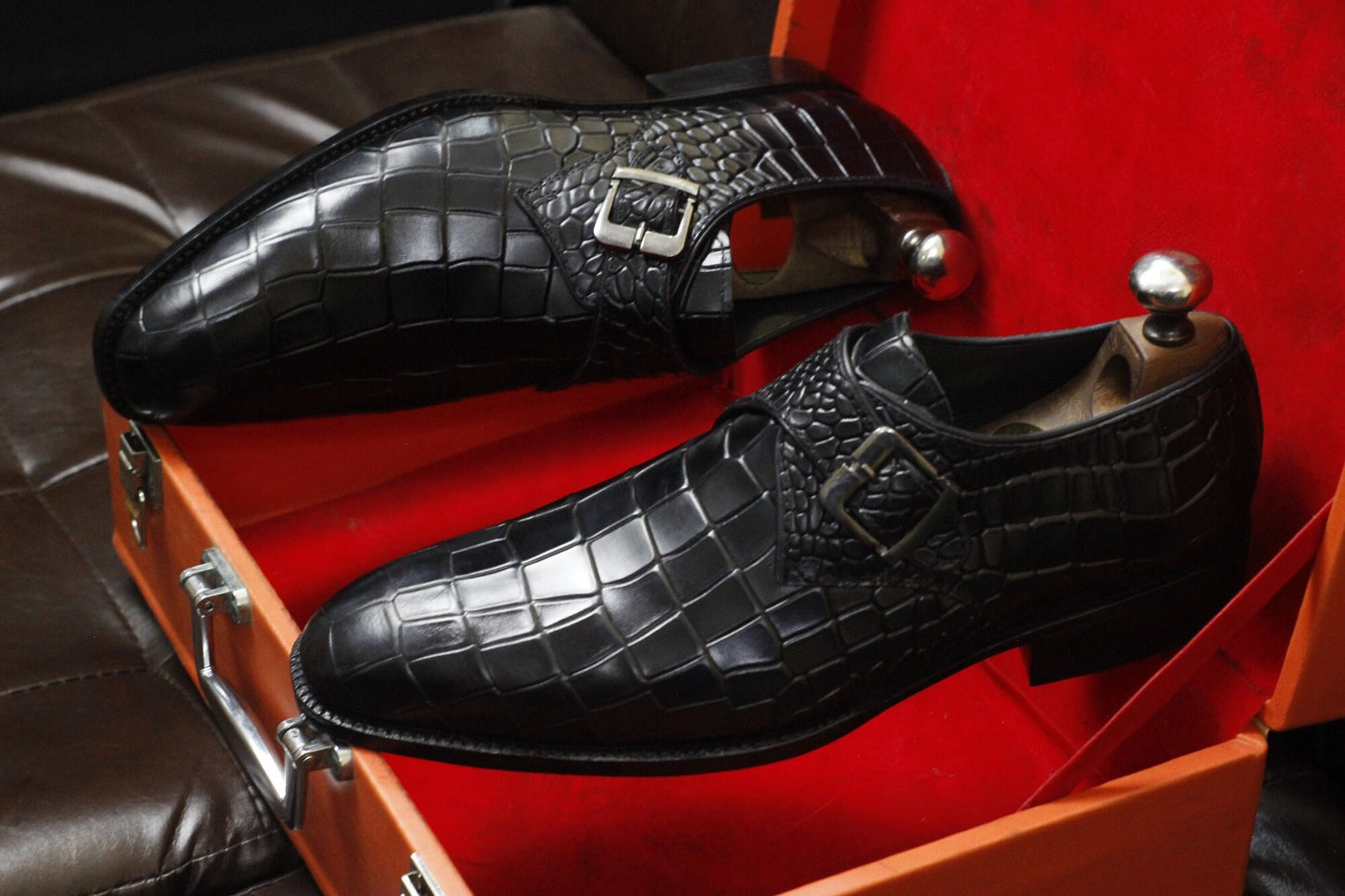 New Men's Handmade Buckle Shoes Black Crocodile Textured Leather Single Monk Stylish Dress & Formal Wear Shoes