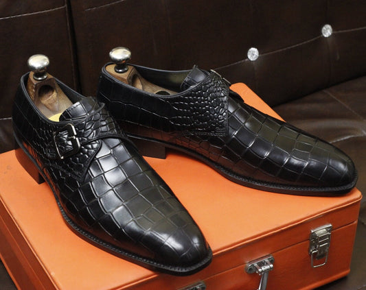 New Men's Handmade Buckle Shoes Black Crocodile Textured Leather Single Monk Stylish Dress & Formal Wear Shoes