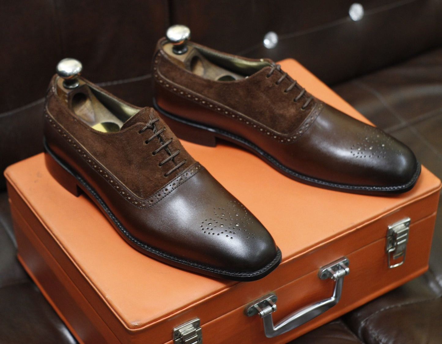 New Men's Handmade Formal Shoes Brown Leather and Suede Lace Up Stylish Brogue Toe Dress & Formal Wear Shoes