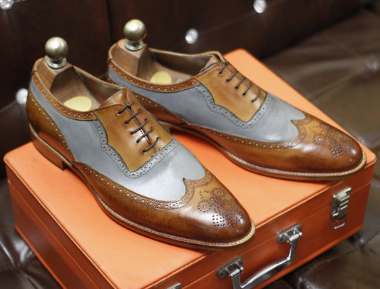 New Men's Handmade Formal Shoes Grey Brown Leather Lace Up Stylish Wing Tip Dress & Formal Wear Shoes