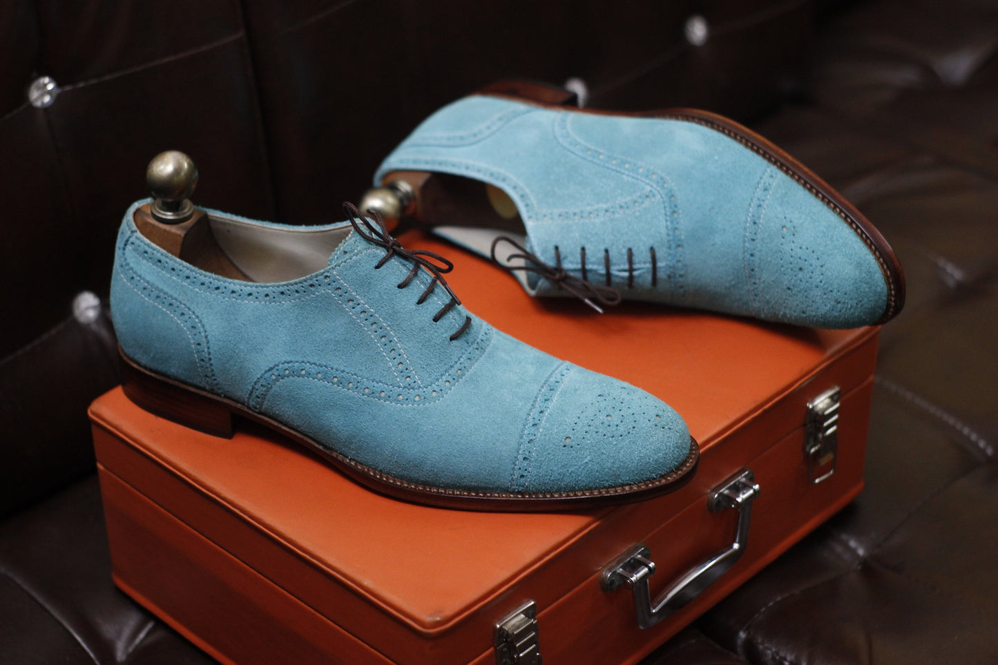 New Men's Handmade Formal Shoes Sky Blue Suede Leather Lace Up Stylish Cap Toe Dress & Formal Wear Shoes