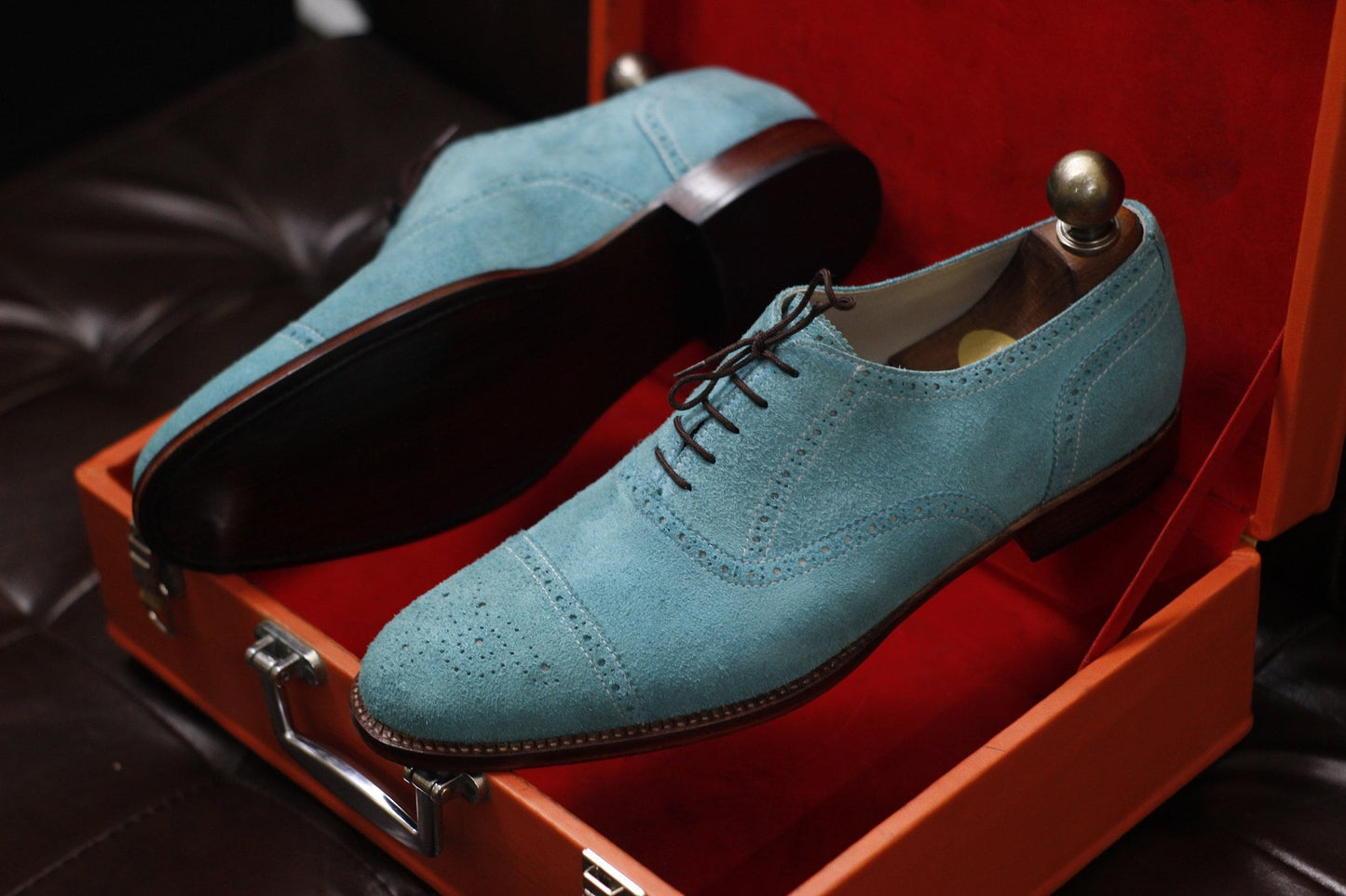 New Men's Handmade Formal Shoes Sky Blue Suede Leather Lace Up Stylish Cap Toe Dress & Formal Wear Shoes