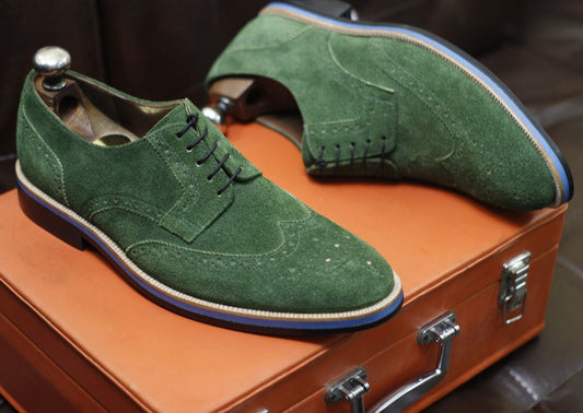 New Men's Handmade Formal Shoes Green Suede Leather Lace Up Stylish Wing Tip Dress & Casual Wear Shoes