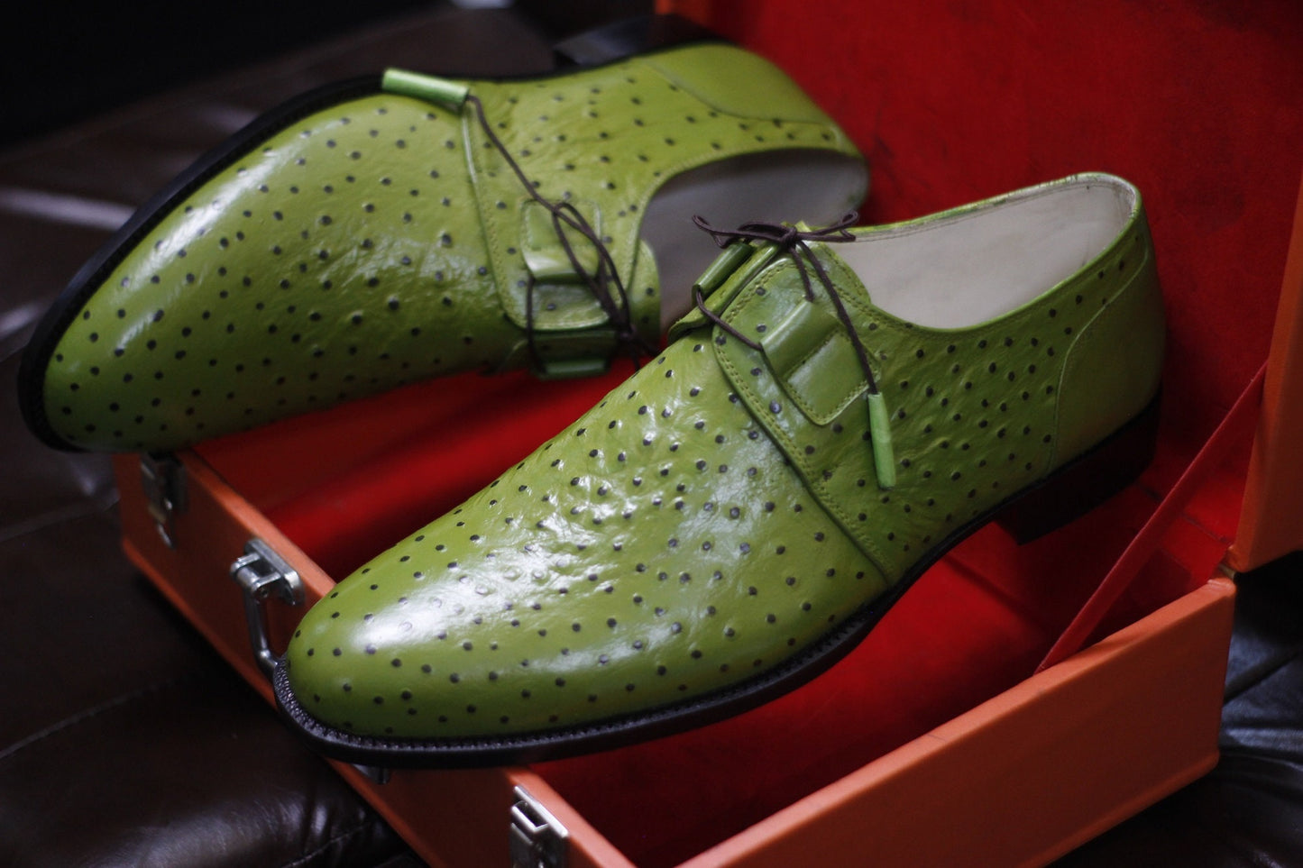 New Men's Handmade Formal Shoes Green Ostrich Textured Leather Stylish Lace Up Dress & Formal Wear Shoes