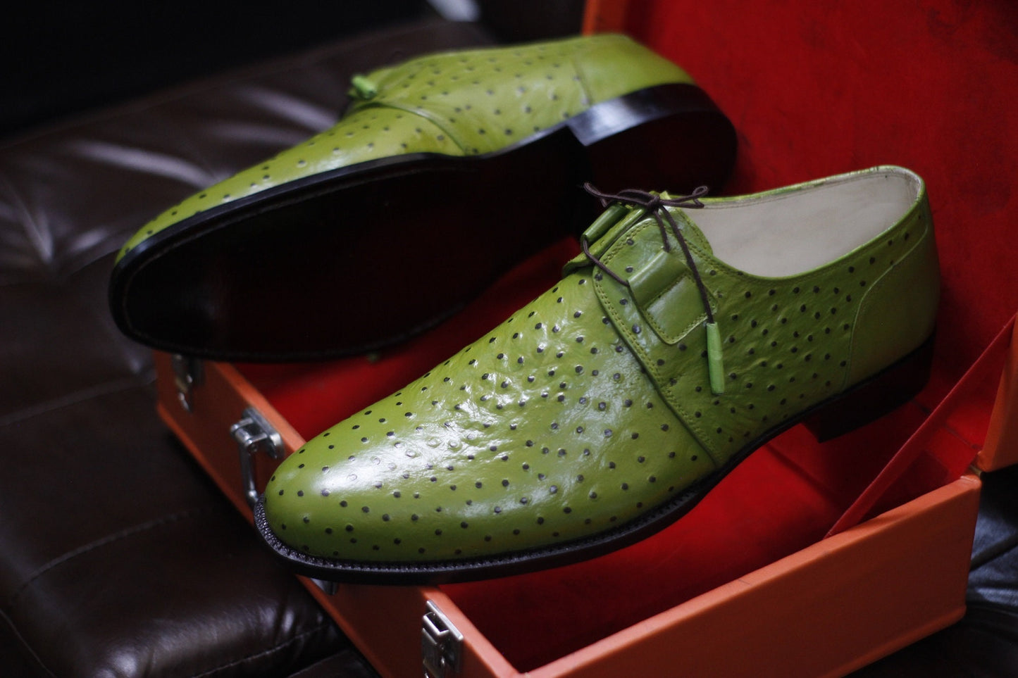 New Men's Handmade Formal Shoes Green Ostrich Textured Leather Stylish Lace Up Dress & Formal Wear Shoes