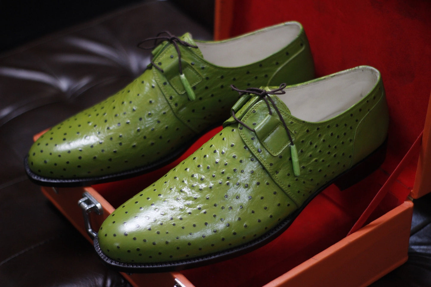 New Men's Handmade Formal Shoes Green Ostrich Textured Leather Stylish Lace Up Dress & Formal Wear Shoes