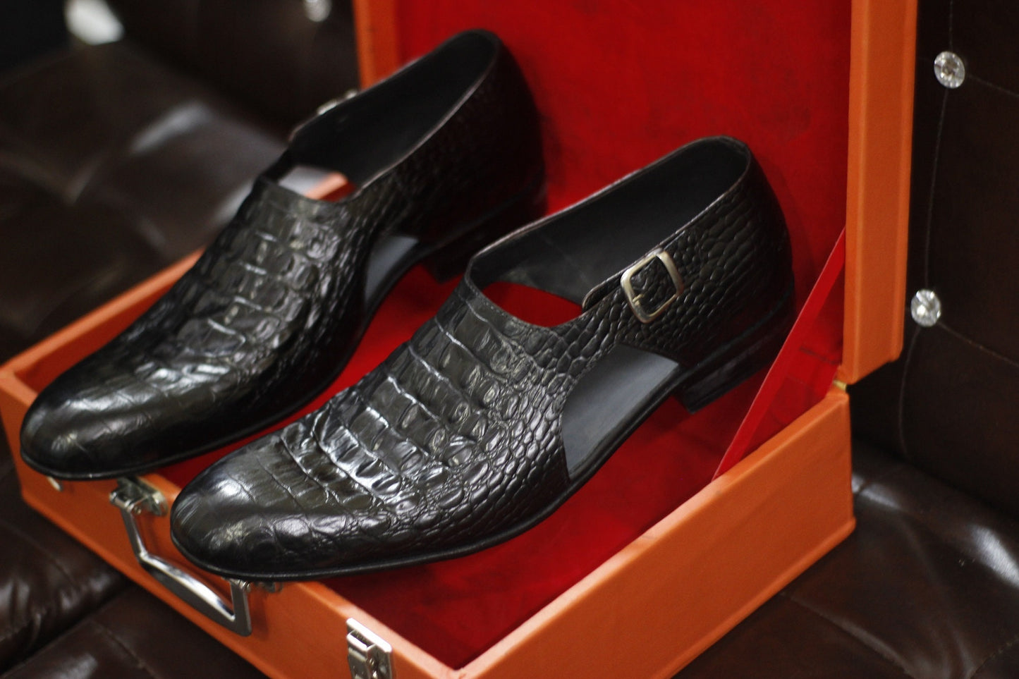 New Men's Handmade Buckle Shoes Black Crocodile Textured Leather Single Monk Stylish Open Dress & Formal Wear Shoes