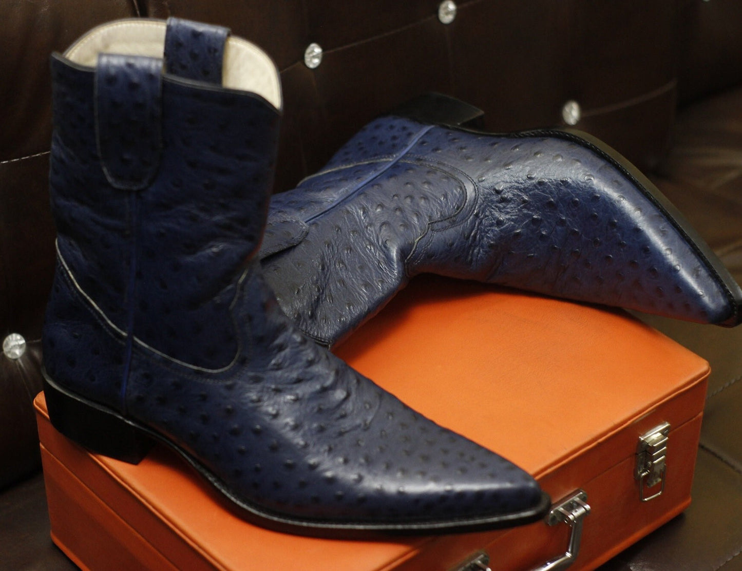 New Men's Handmade Formal Shoes Blue Ostrich Textured Leather Pull On Ankle High Cowboy Boots