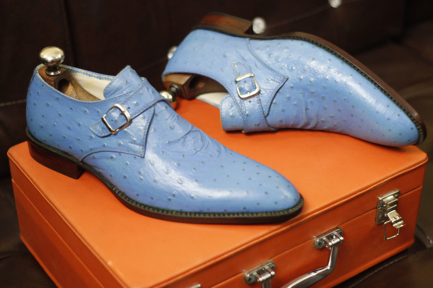 New Men's Handmade Formal Shoes Blue Ostrich Textured Leather Single Monk Stylish Buckle Strap Dress & Formal Wear Shoes