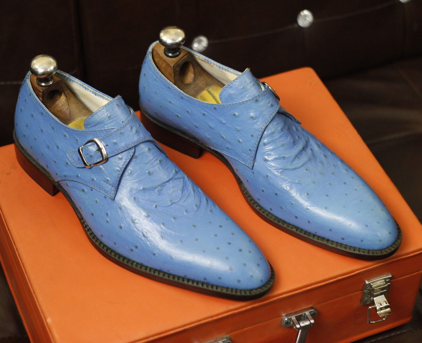 New Men's Handmade Formal Shoes Blue Ostrich Textured Leather Single Monk Stylish Buckle Strap Dress & Formal Wear Shoes