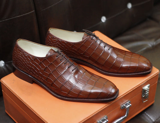 New Men's Handmade Formal Shoes Burgundy Crocodile Textured Leather , Lace Up Stylish Dress & Casual Wear Shoes