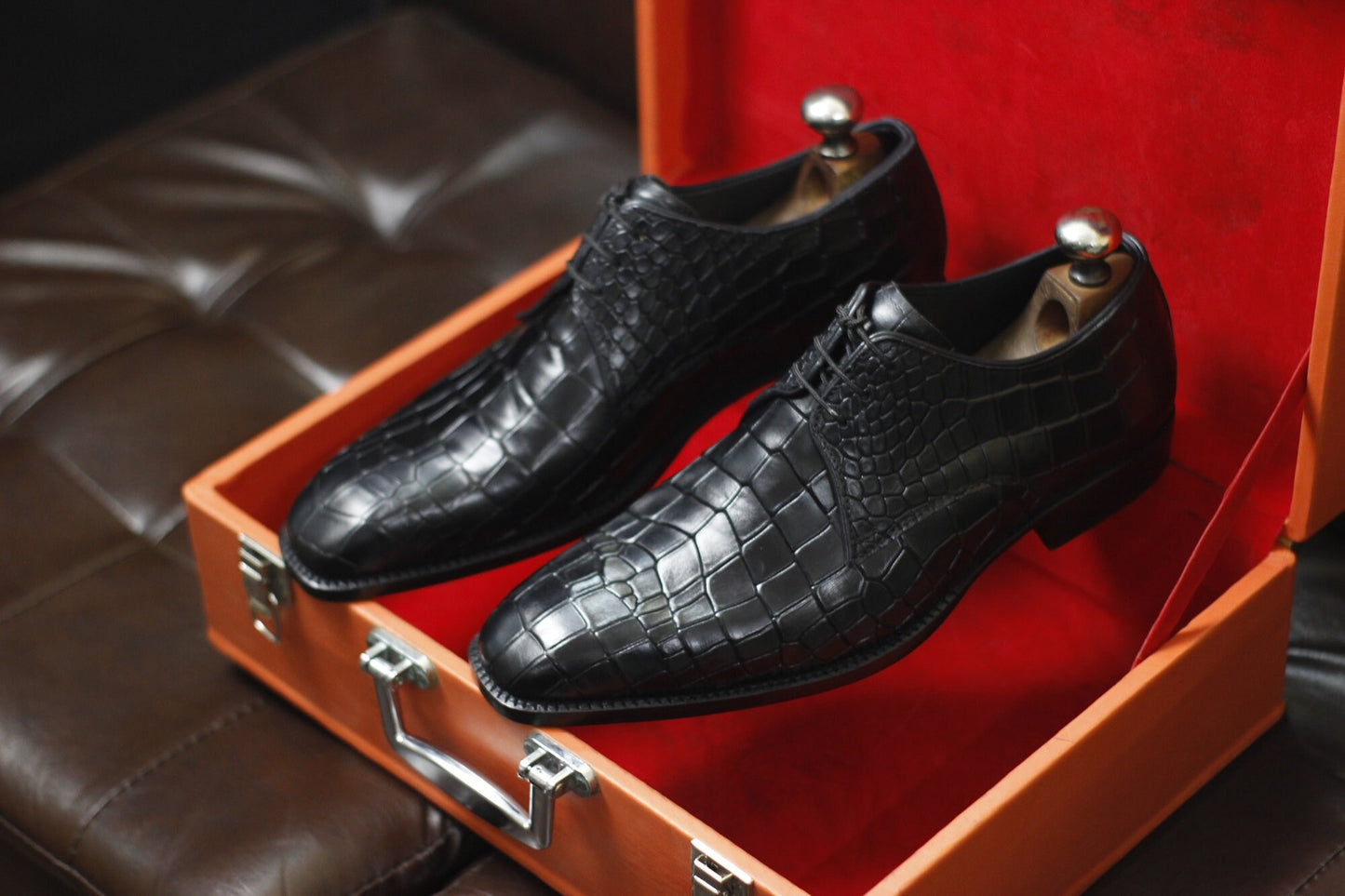 New Men's Handmade Formal Shoes Black Crocodile Textured Leather Lace Up Stylish Dress & Casual Wear Shoes