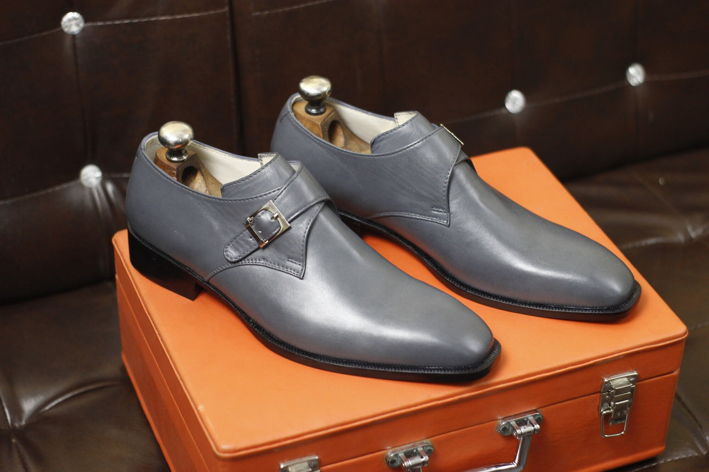 New Men's Handmade Formal Shoes Grey Leather Single Monk Stylish Buckle Strap Dress & Formal Wear Shoes