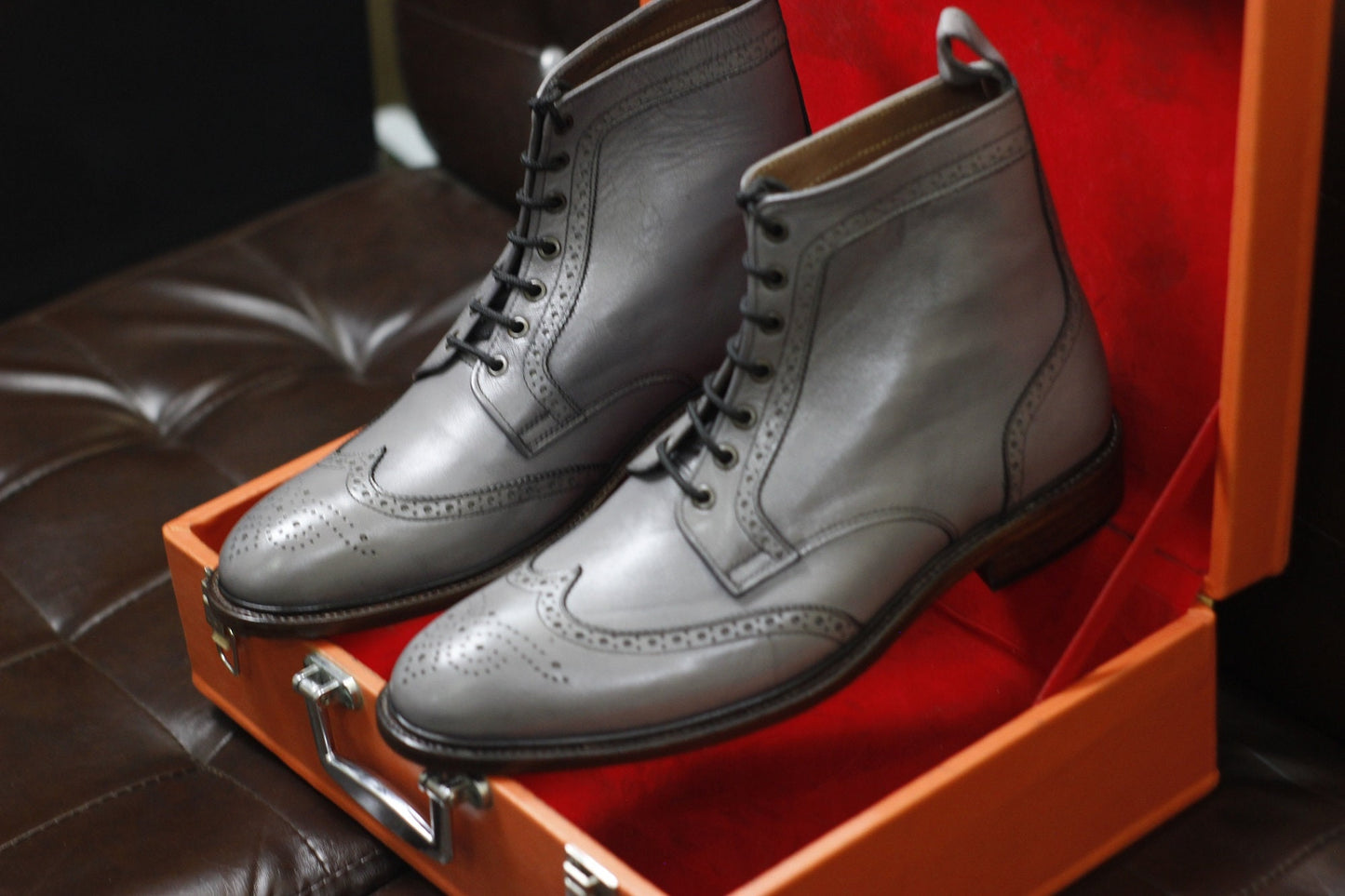 New Men's Handmade Formal Shoes Grey Leather Lace Up Ankle Stylish High Wing Tip Dress & Formal Boots