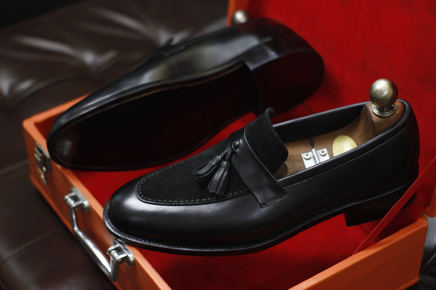 New Men's Handmade Formal Shoes Black Leather And Suede Slip On Stylish Loafer Teasels Dress & Formal Wear Shoes