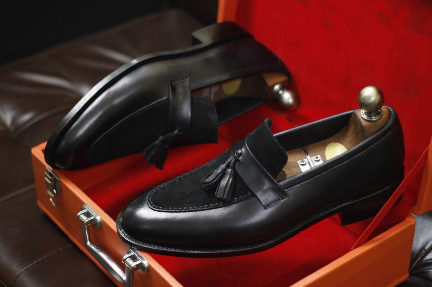 New Men's Handmade Formal Shoes Black Leather And Suede Slip On Stylish Loafer Teasels Dress & Formal Wear Shoes