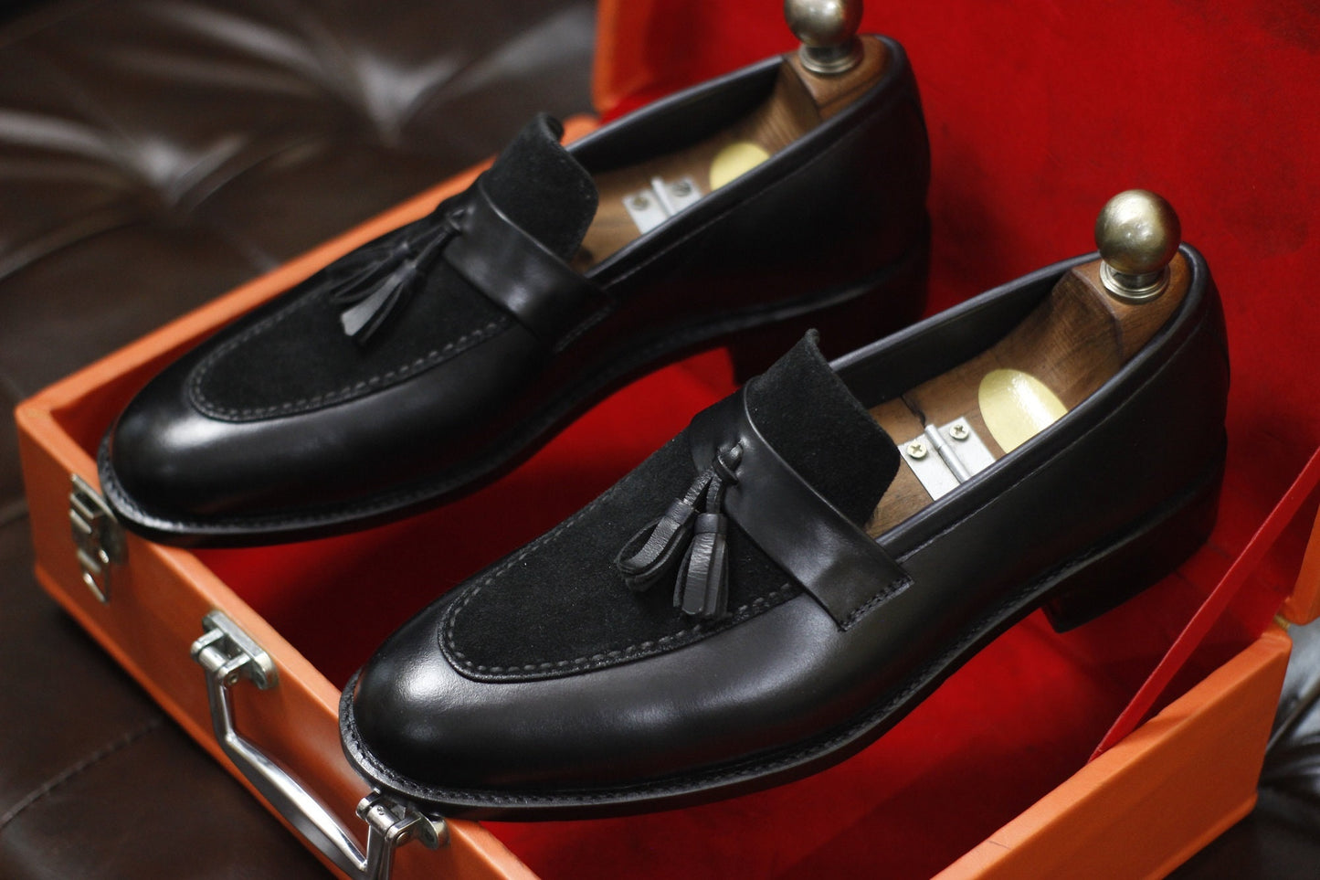 New Men's Handmade Formal Shoes Black Leather And Suede Slip On Stylish Loafer Teasels Dress & Formal Wear Shoes