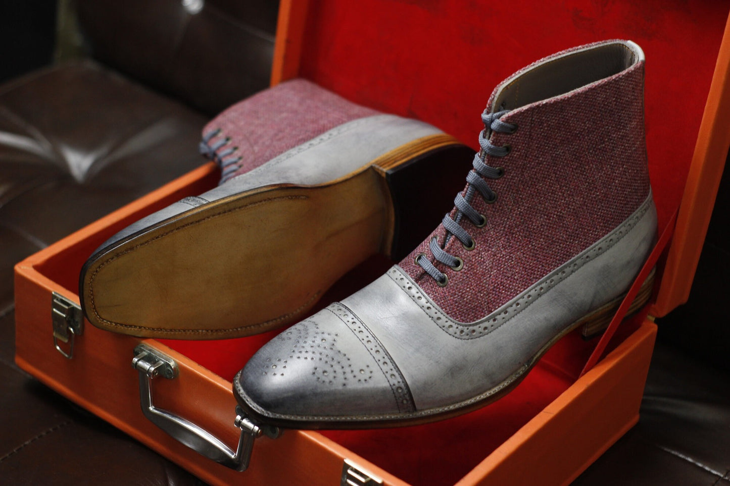 New Men's Handmade Formal Shoes Grey Leather And Maroon Tweed Lace Up Ankle High Cap Toe Style Dress & Formal Boots