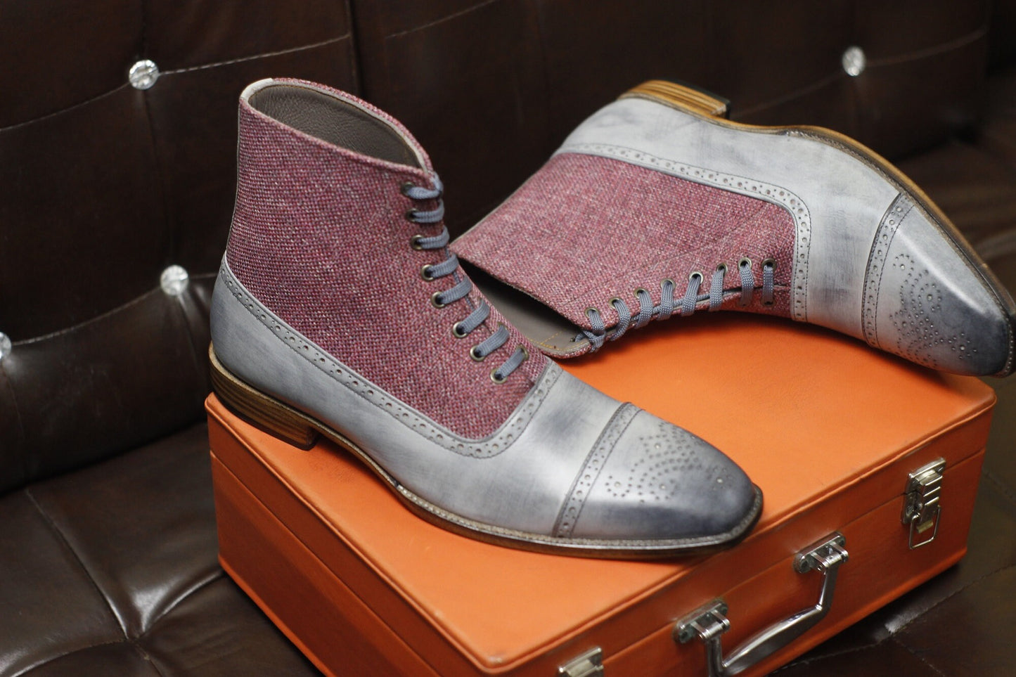 New Men's Handmade Formal Shoes Grey Leather And Maroon Tweed Lace Up Ankle High Cap Toe Style Dress & Formal Boots