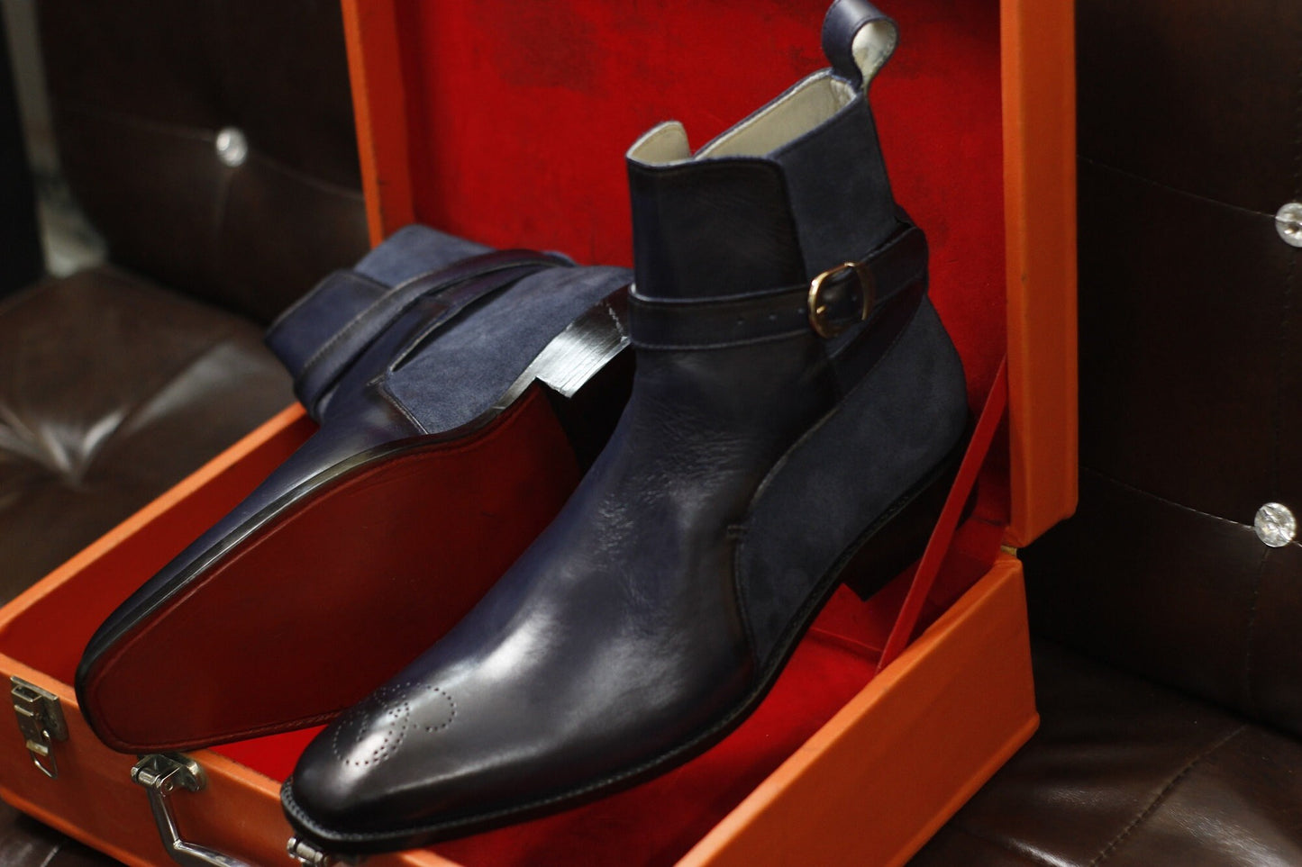 New Men's Handmade Formal Shoes Navy Blue Leather & Suede Jodhpurs Stylish Ankle High Buckle Strap Dress Formal Boots