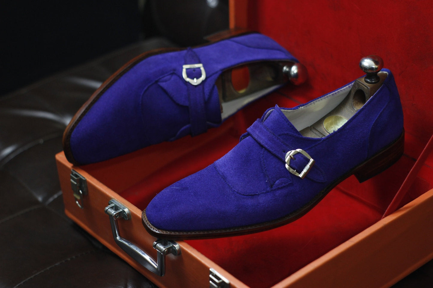 New Men's Handmade Shoes Blue Suede Leather Single Monk Stylish Buckle Strap Dress & Formal Wear Shoes