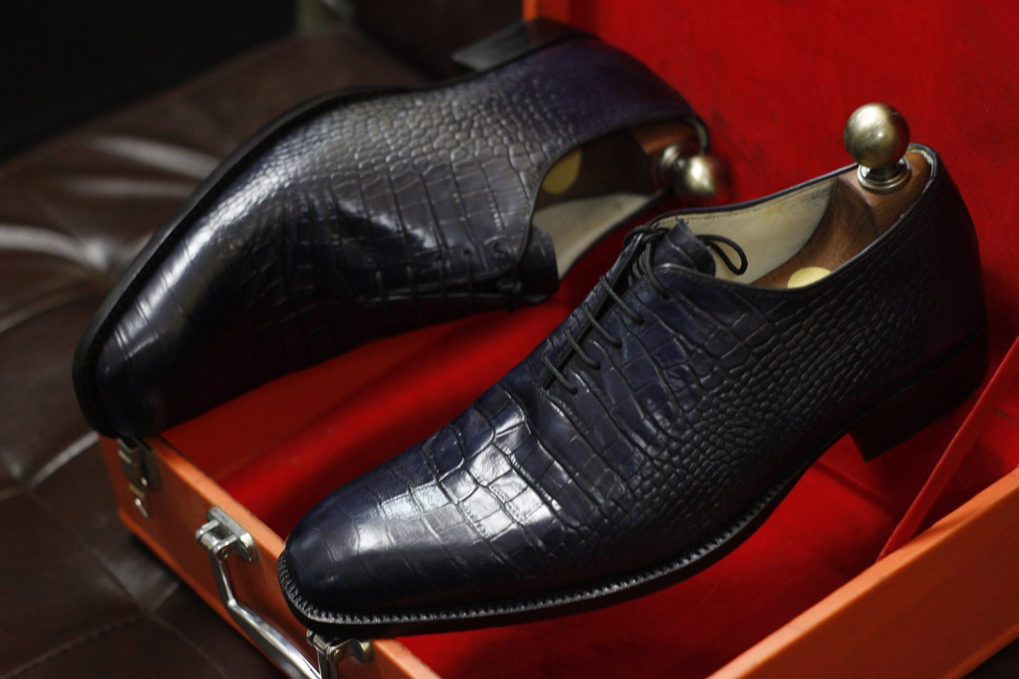 New Men's Handmade Formal Shoes Navy Blue Crocodile Textured Leather , Lace Up Stylish Dress & Casual Wear Shoes