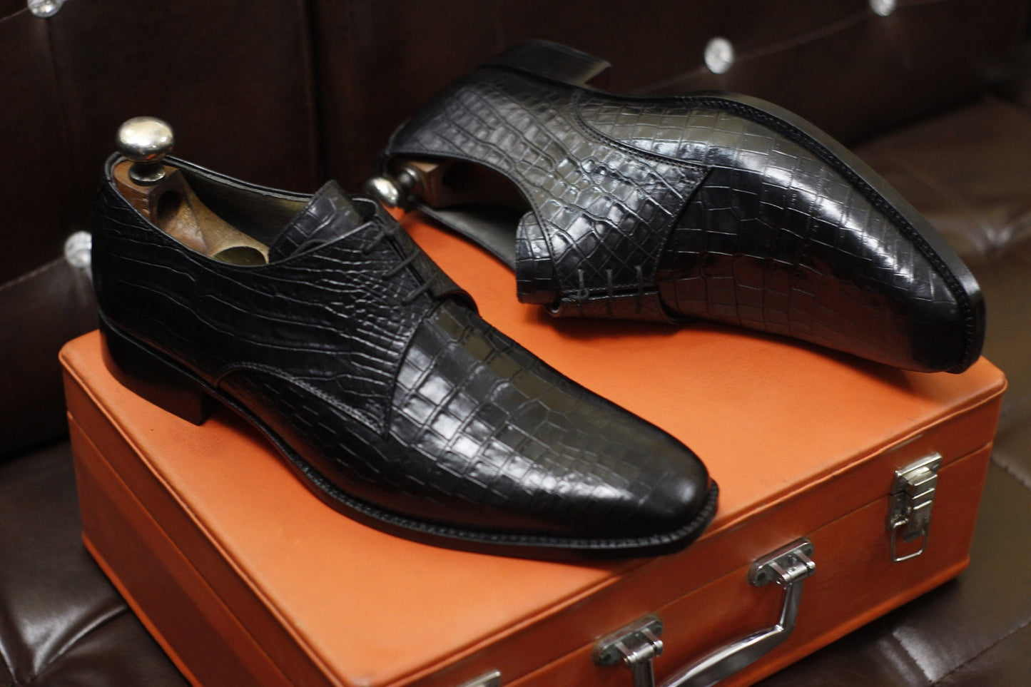 New Men's Handmade Formal Shoes Black Crocodile Textured Leather Lace Up Stylish Dress & Formal Wear Shoes