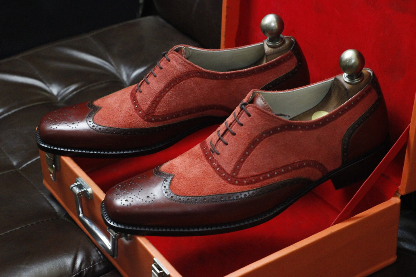 New Men's Handmade Formal Shoes Burgundy Leather, Redish Suede Lace Up Stylish Wing Tip Dress & Formal Wear Shoes