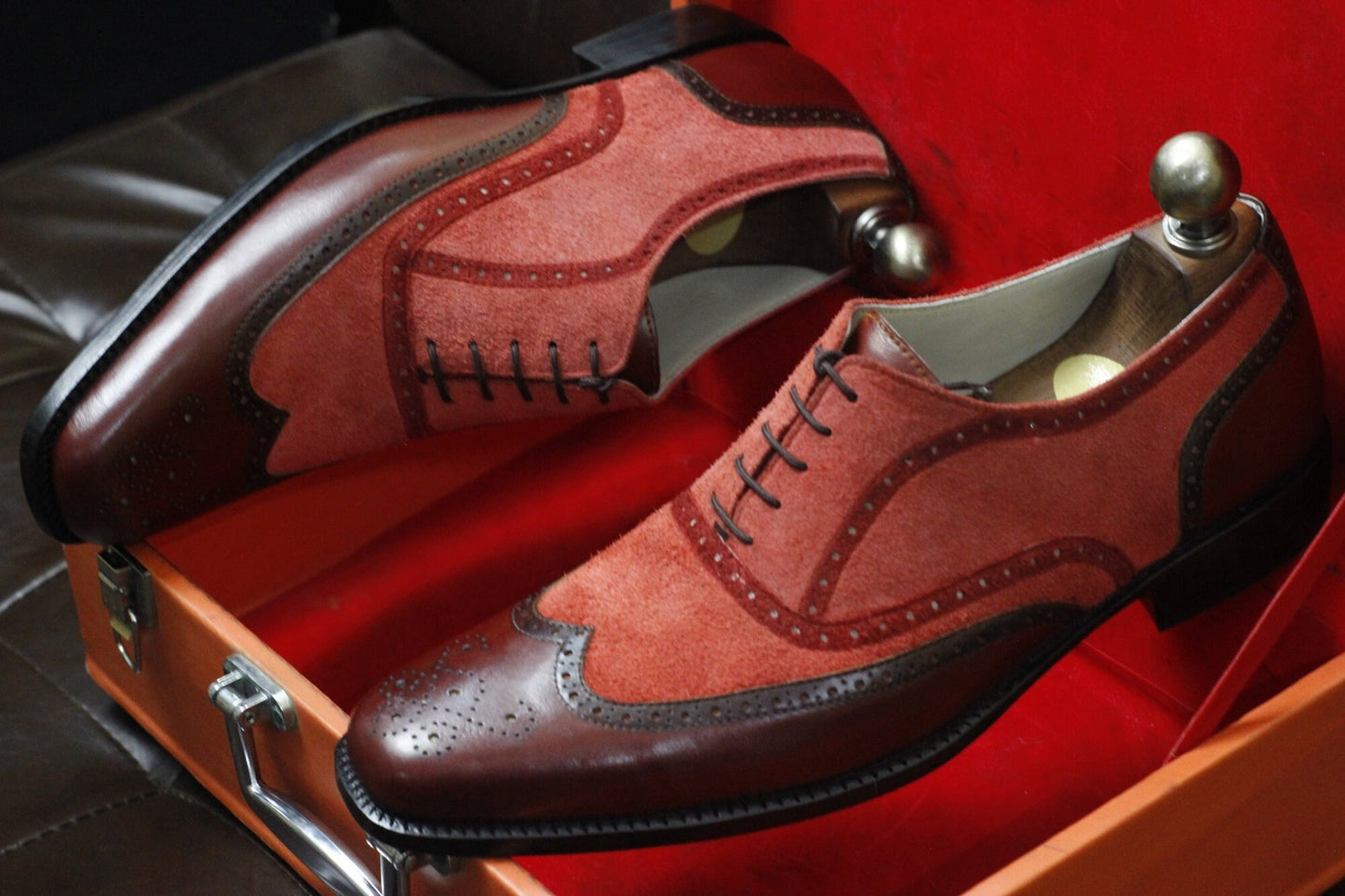 New Men's Handmade Formal Shoes Burgundy Leather, Redish Suede Lace Up Stylish Wing Tip Dress & Formal Wear Shoes