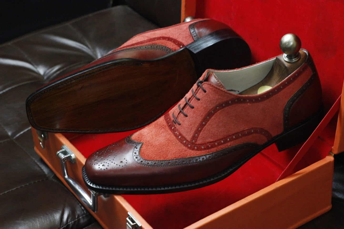 New Men's Handmade Formal Shoes Burgundy Leather, Redish Suede Lace Up Stylish Wing Tip Dress & Formal Wear Shoes