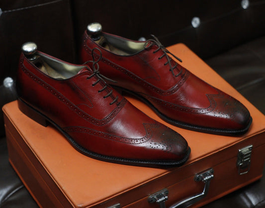 New Men's Handmade Formal Shoes Red Shaded Leather Lace Up Stylish Wing Tip Dress & Formal Wear Shoes