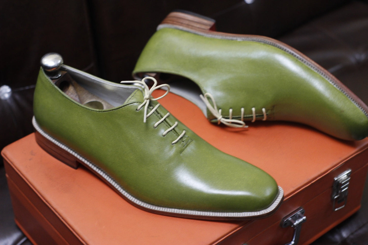 New Men's Handmade Formal Shoes Green Leather , Lace Up Stylish Dress & Casual Wear Shoes