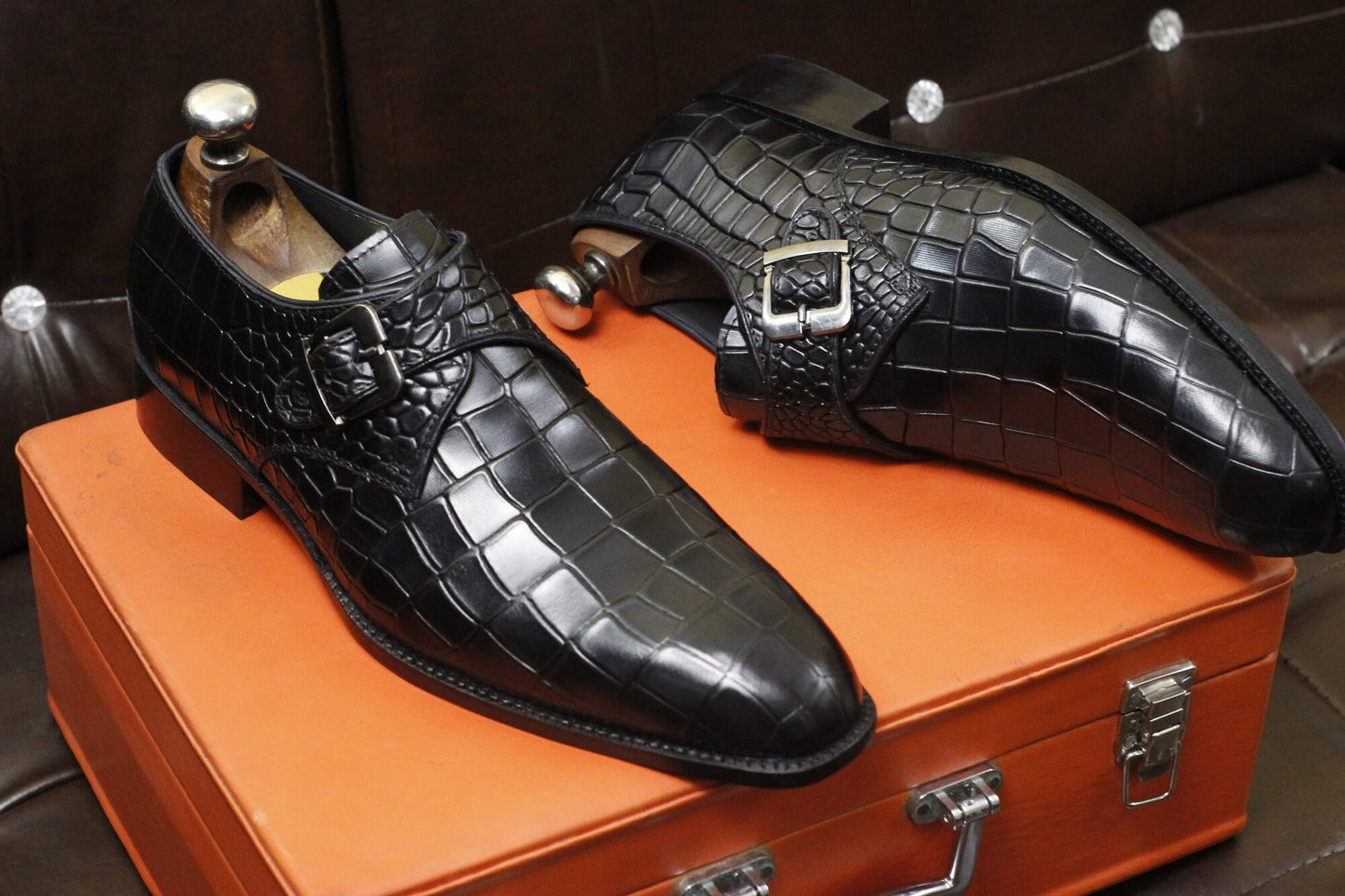 New Men's Handmade Buckle Shoes Black Crocodile Textured Leather Single Monk Stylish Dress & Formal Wear Shoes