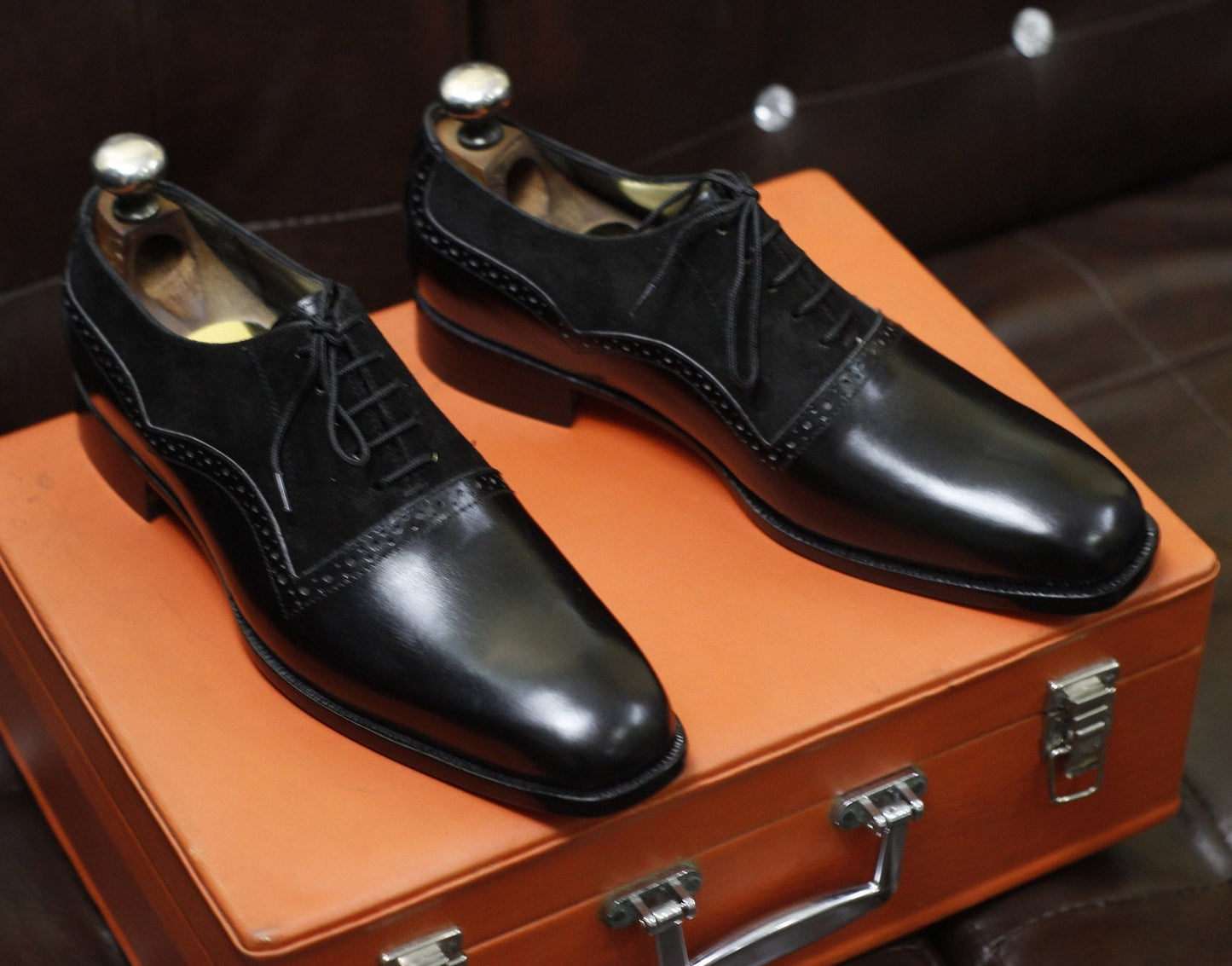 New Men's Handmade Formal Shoes Black Leather and Suede Lace Up Stylish Dress & Formal Wear Shoes