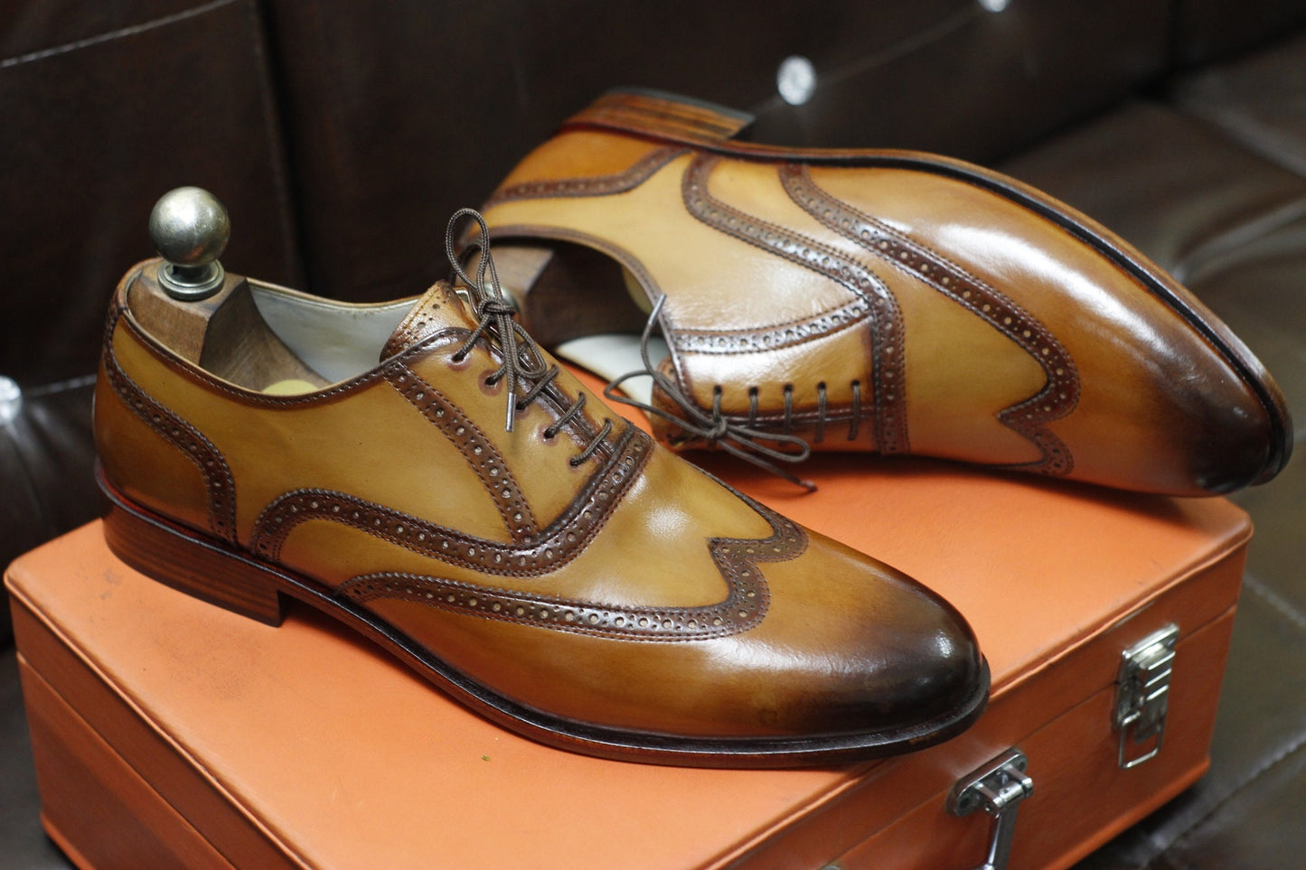 New Men's Handmade Formal Shoes Brown Shaded Leather Lace Up Stylish Wing Tip Dress & Formal Wear Shoes